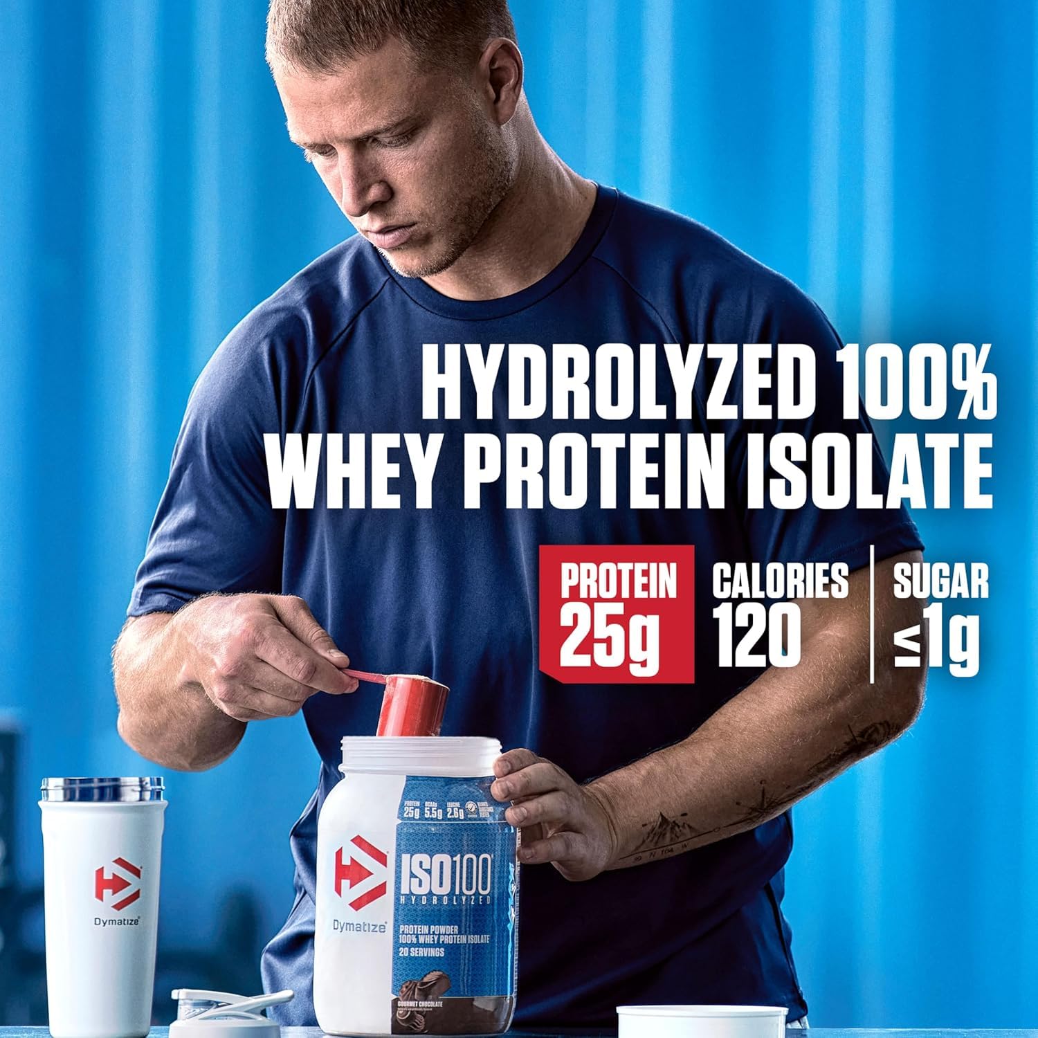 Powder pouring ISO100 vanilla into a shaker for a quick post-workout shake.