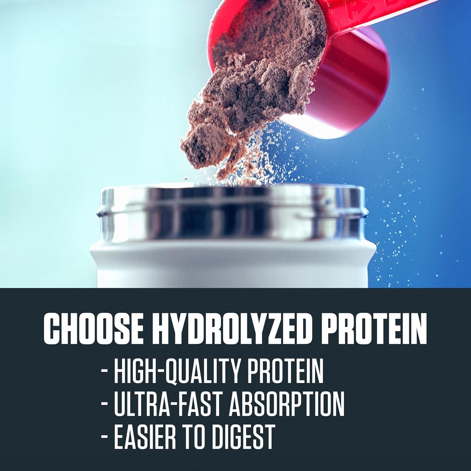 Scoop beside glass, ideal for on-the-go protein.