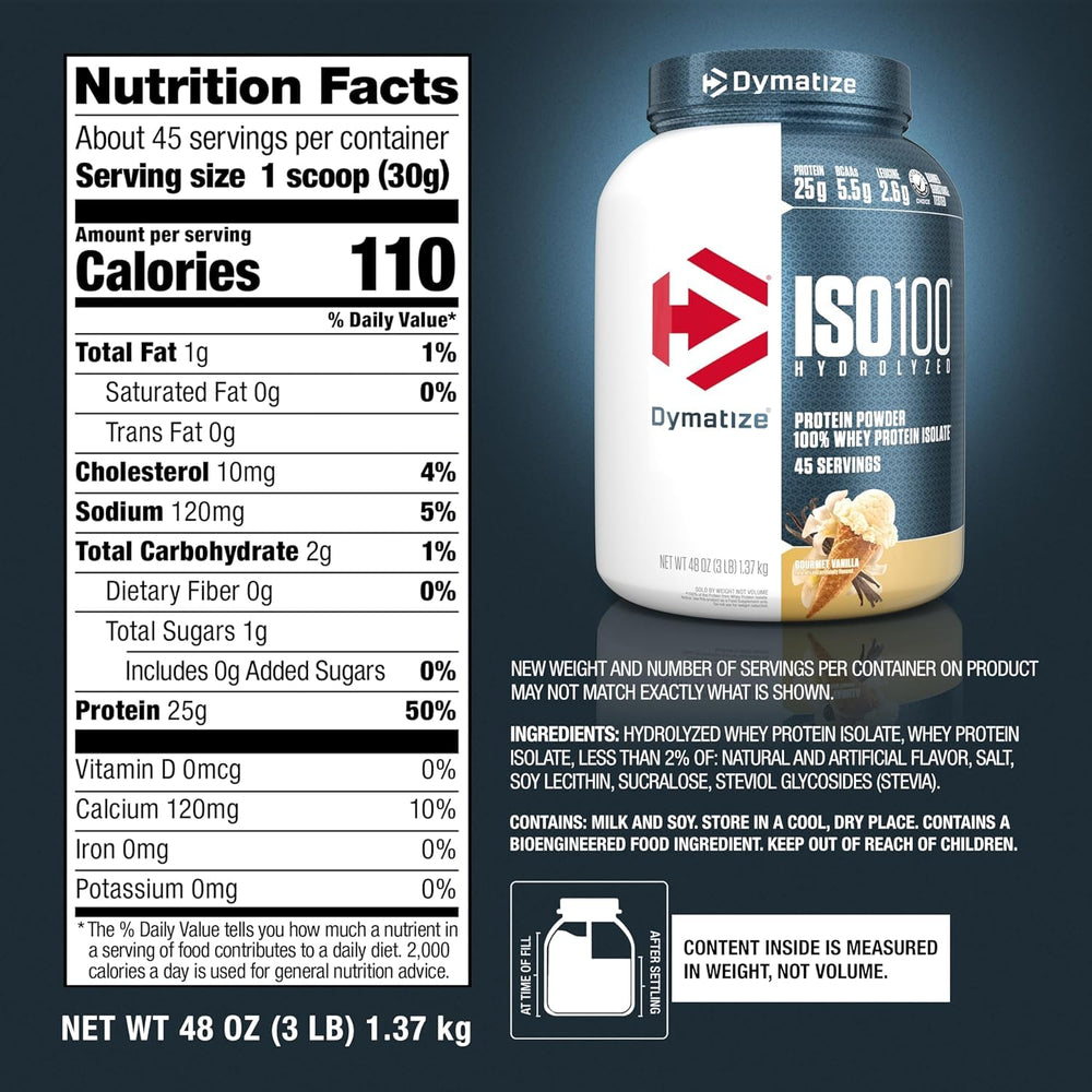 Dymatize ISO100 vanilla shake texture shown as smooth and mixable.