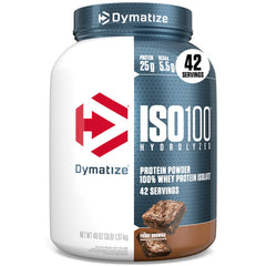 Dymatize ISO100 whey protein bottle highlighting fast absorption for post-workout needs.