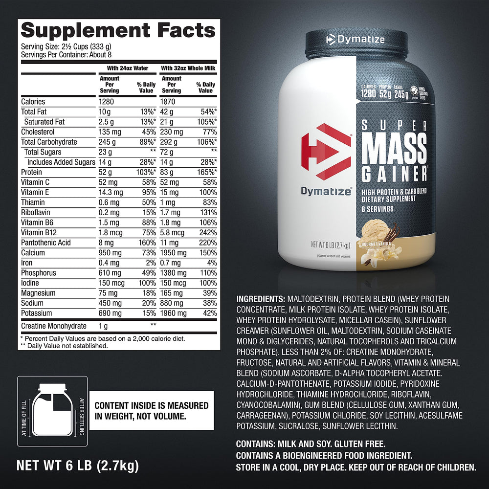 Dymatize shake blended with fruit and oats demonstrates a convenient mass-gain meal.