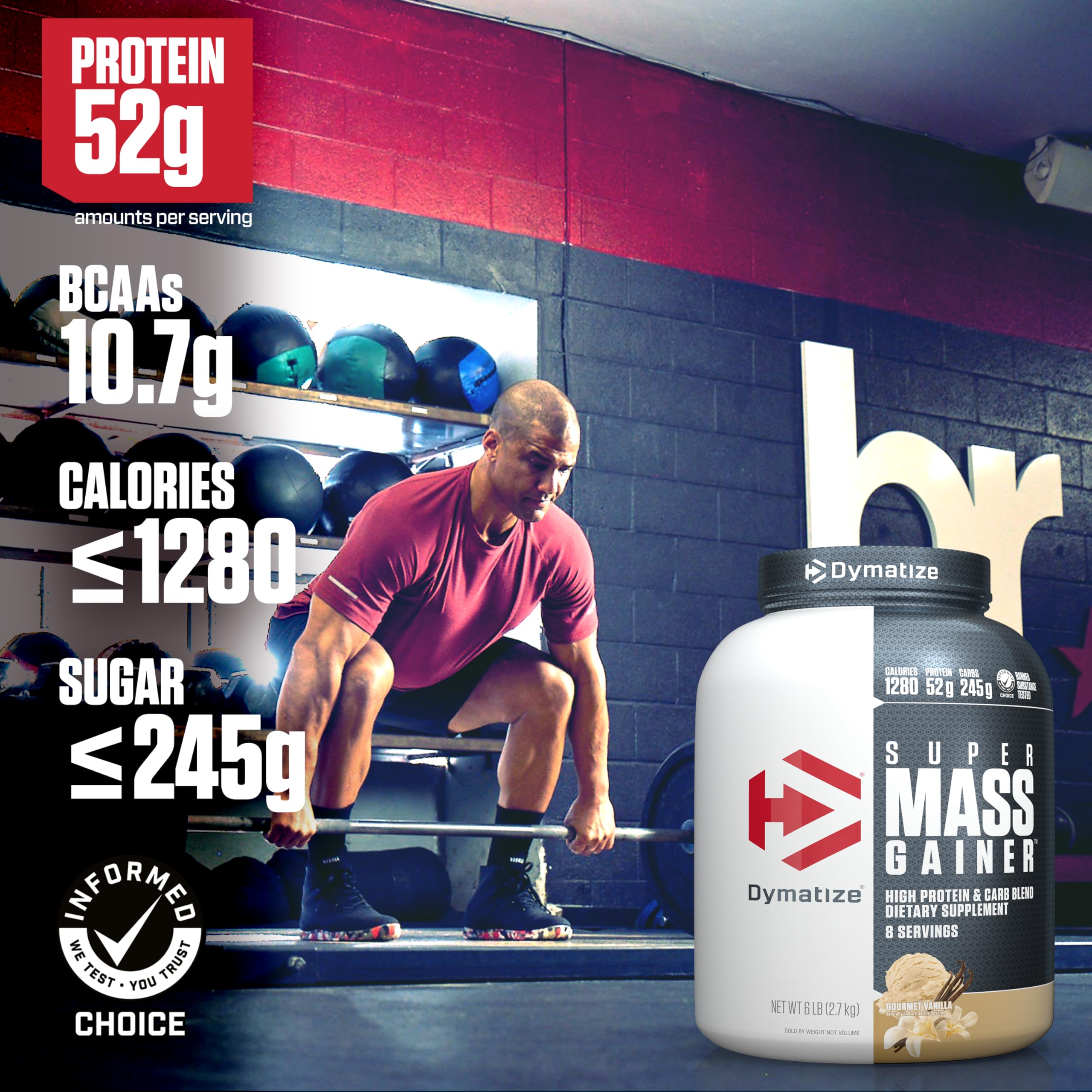 Dymatize Super Mass Gainer bottle back view showing nutrition details for protein and creatine.
