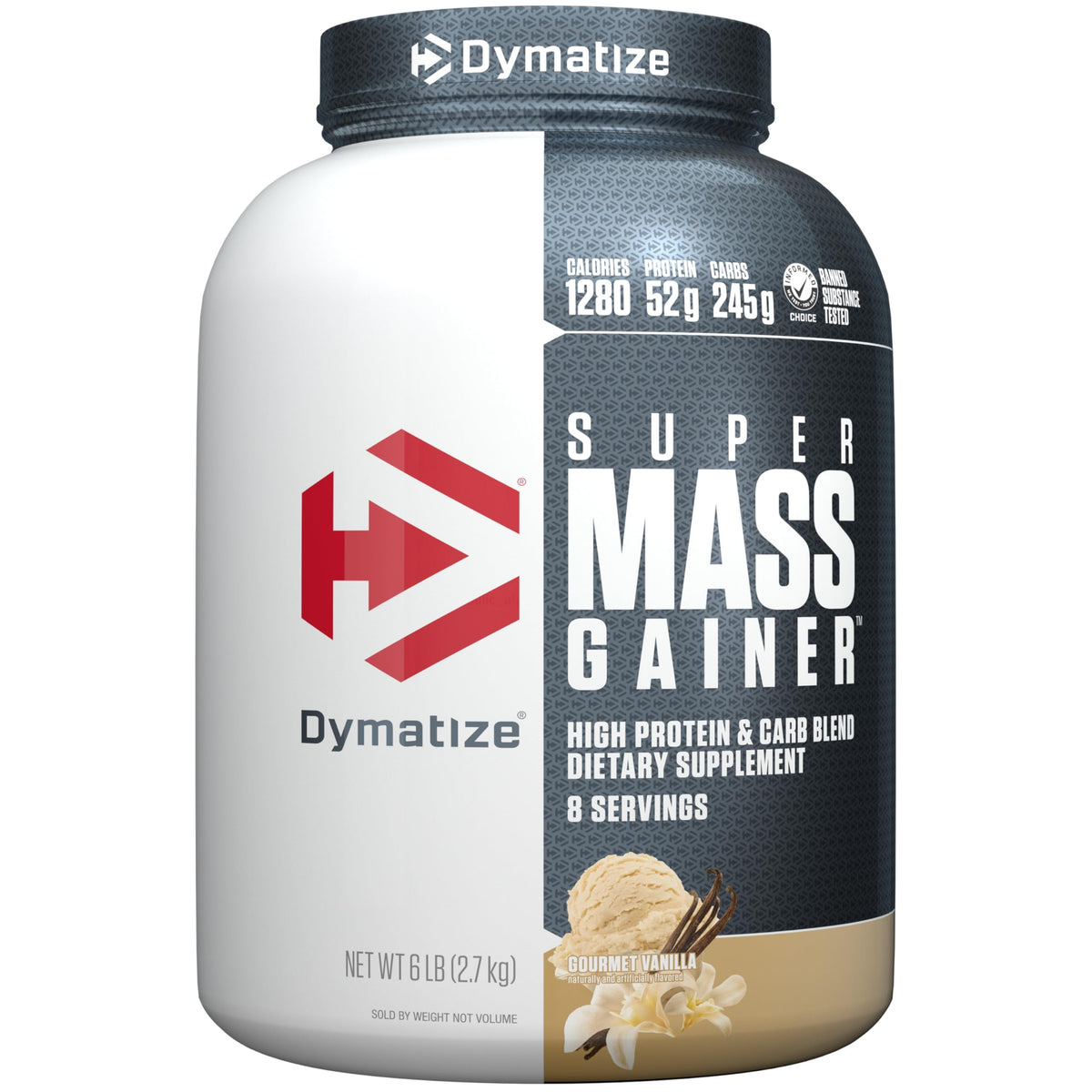 Dymatize Super Mass Gainer bottle front view highlighting high-calorie formula for mass gain.