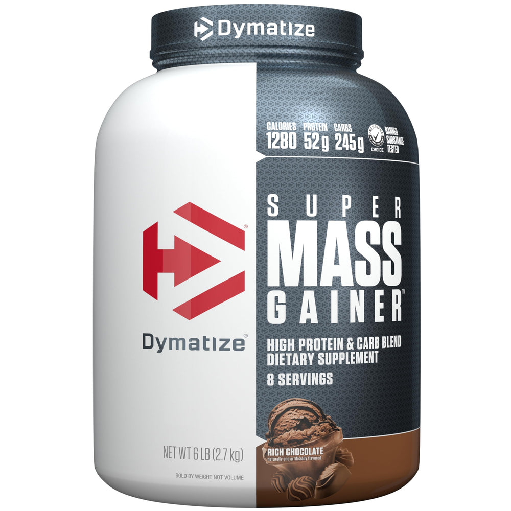 Dymatize Super Mass Gainer bottle pour of rich chocolate shake for post-workout fueling