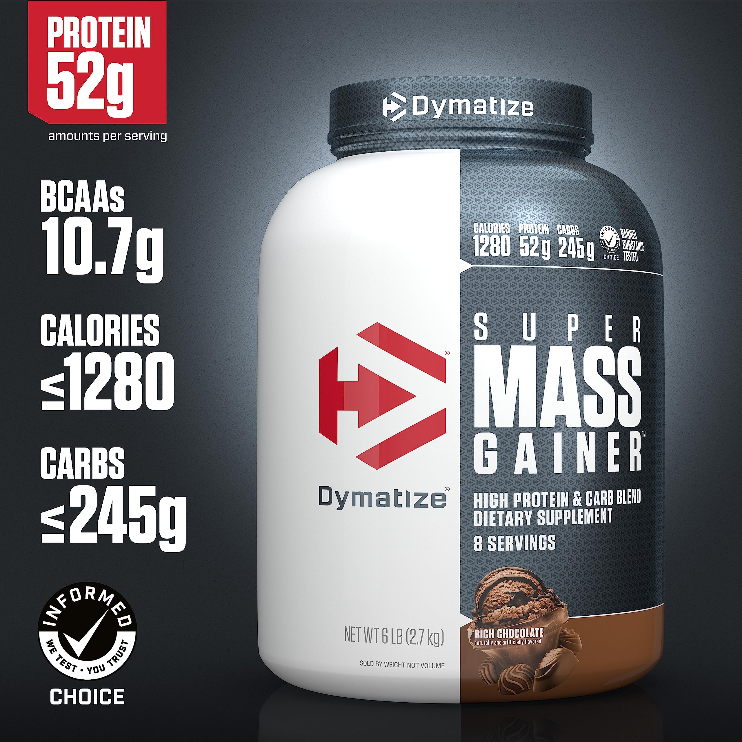 Dymatize Super Mass Gainer tub close-up showing texture and powder density