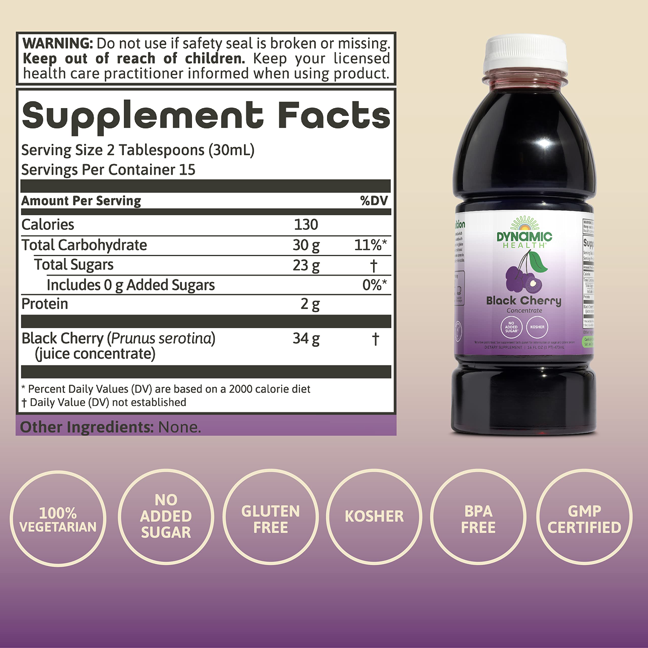Dynamic Health Black Cherry Juice Concentrate label emphasizing real juice, no additives