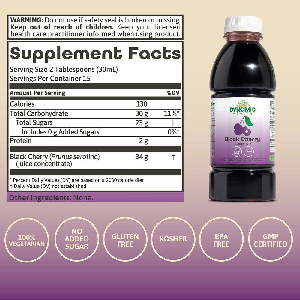 Dynamic Health Black Cherry Juice Concentrate label emphasizing real juice, no additives