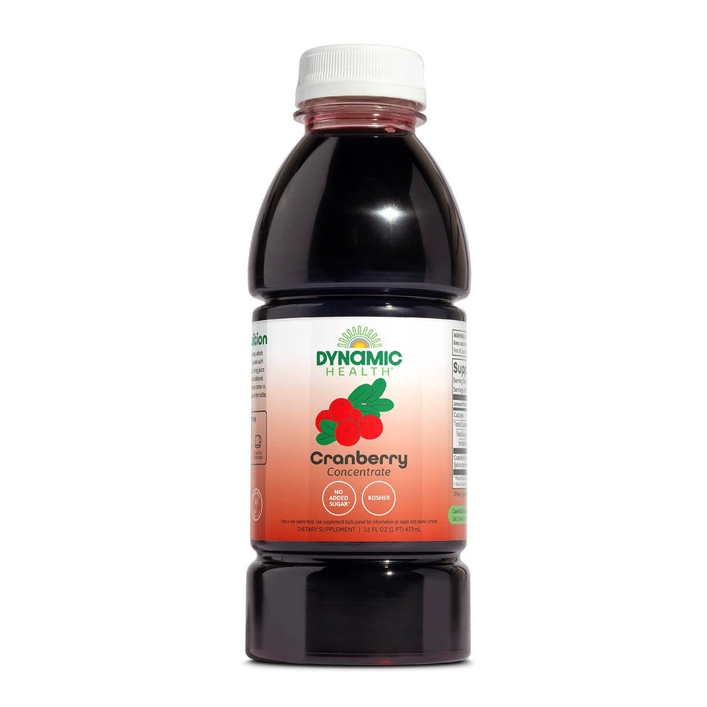 Dynamic Health Pure Cranberry Juice Concentrate bottle shows 100 percent juice with no additives.