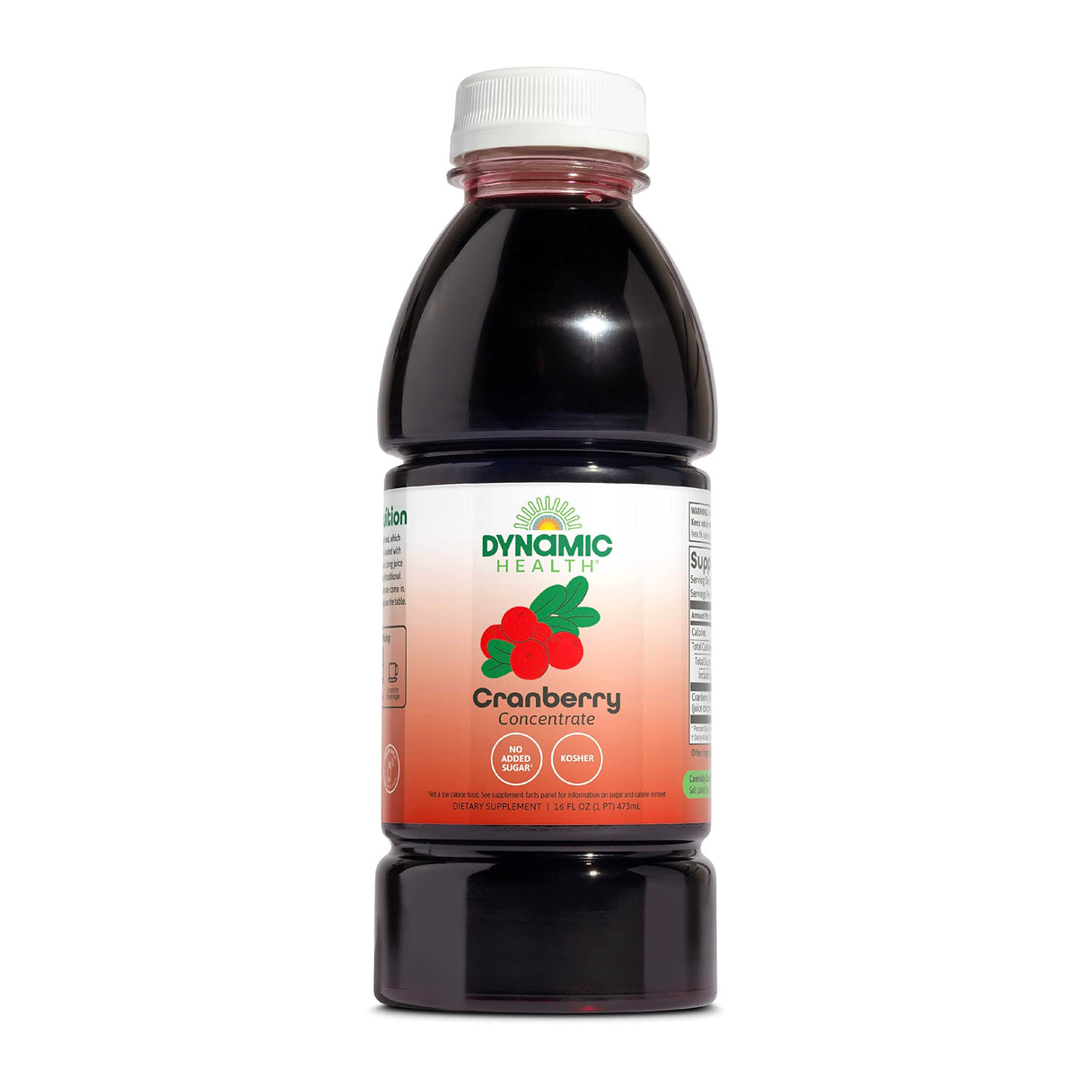 Dynamic Health Pure Cranberry Juice Concentrate bottle shows 100 percent juice with no additives.