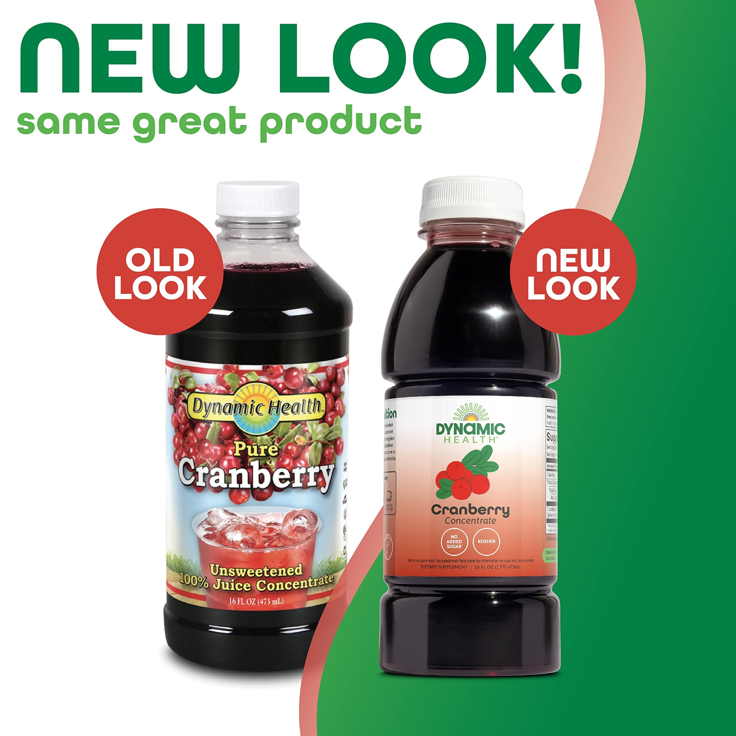 Dynamic Health Cranberry Juice Concentrate label highlights organic cranberries and no added sugar.