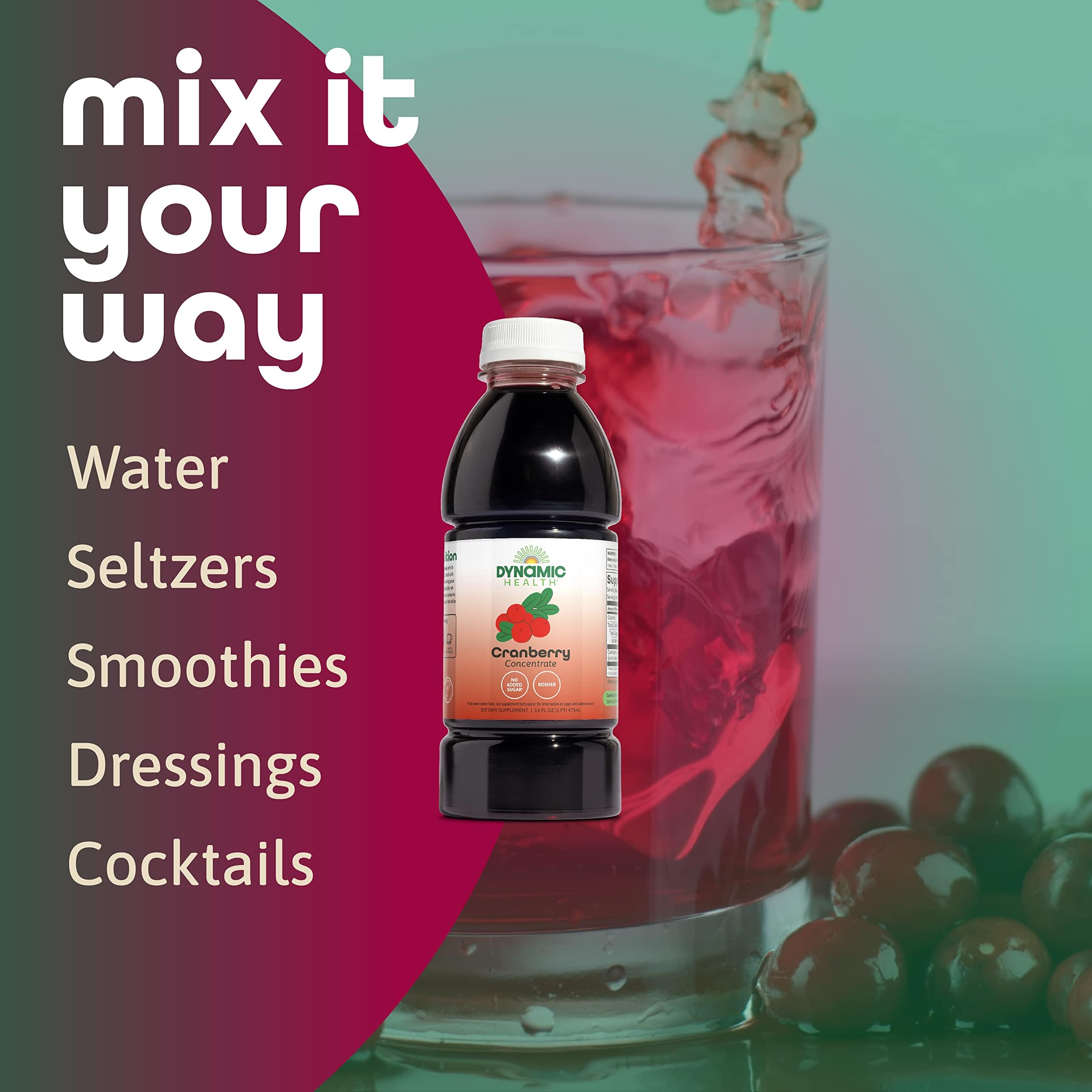 Dynamic Health Cranberry Juice Concentrate packaging front emphasizes 16 servings per bottle.
