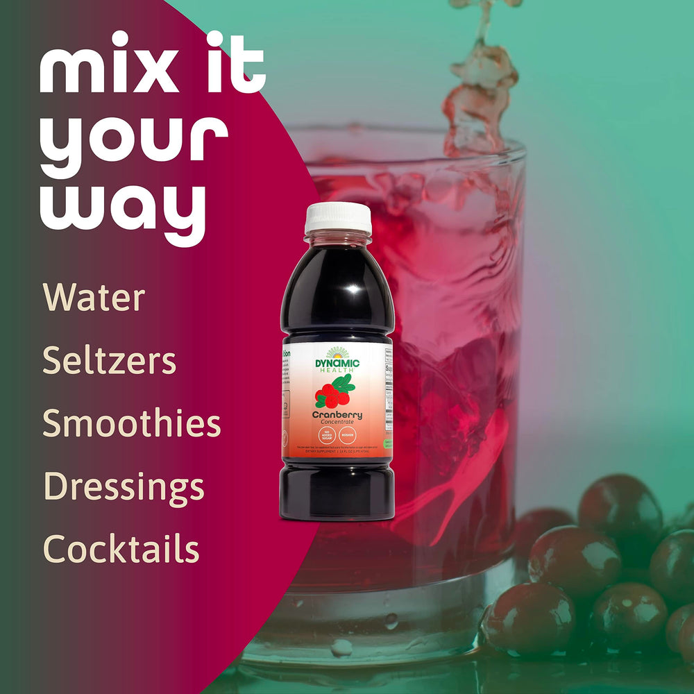 Dynamic Health Cranberry Juice Concentrate packaging front emphasizes 16 servings per bottle.
