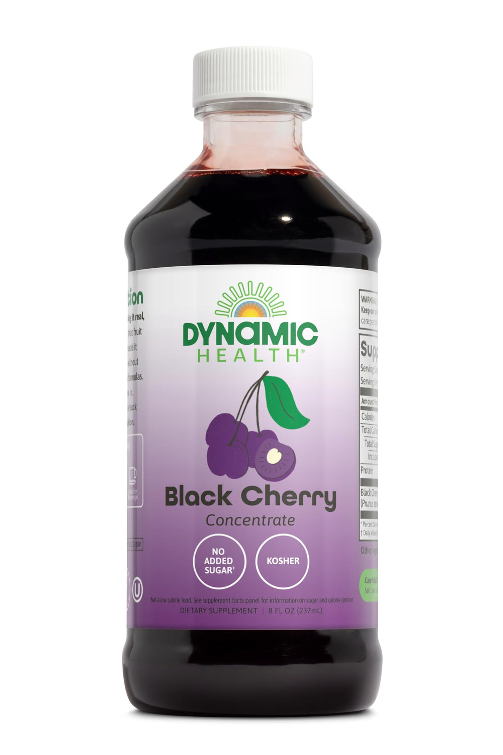 Dynamic Health Pure Black Cherry Juice Concentrate bottle front, ideal for adding natural flavor to smoothies.
