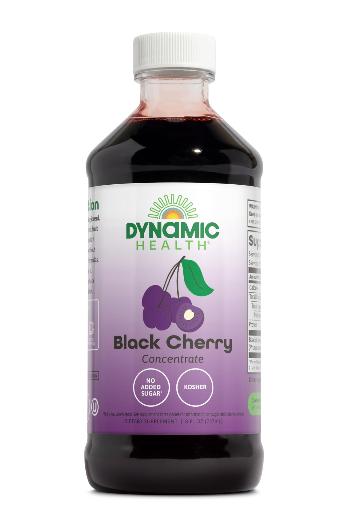 Dynamic Health Pure Black Cherry Juice Concentrate bottle front, ideal for adding natural flavor to smoothies.