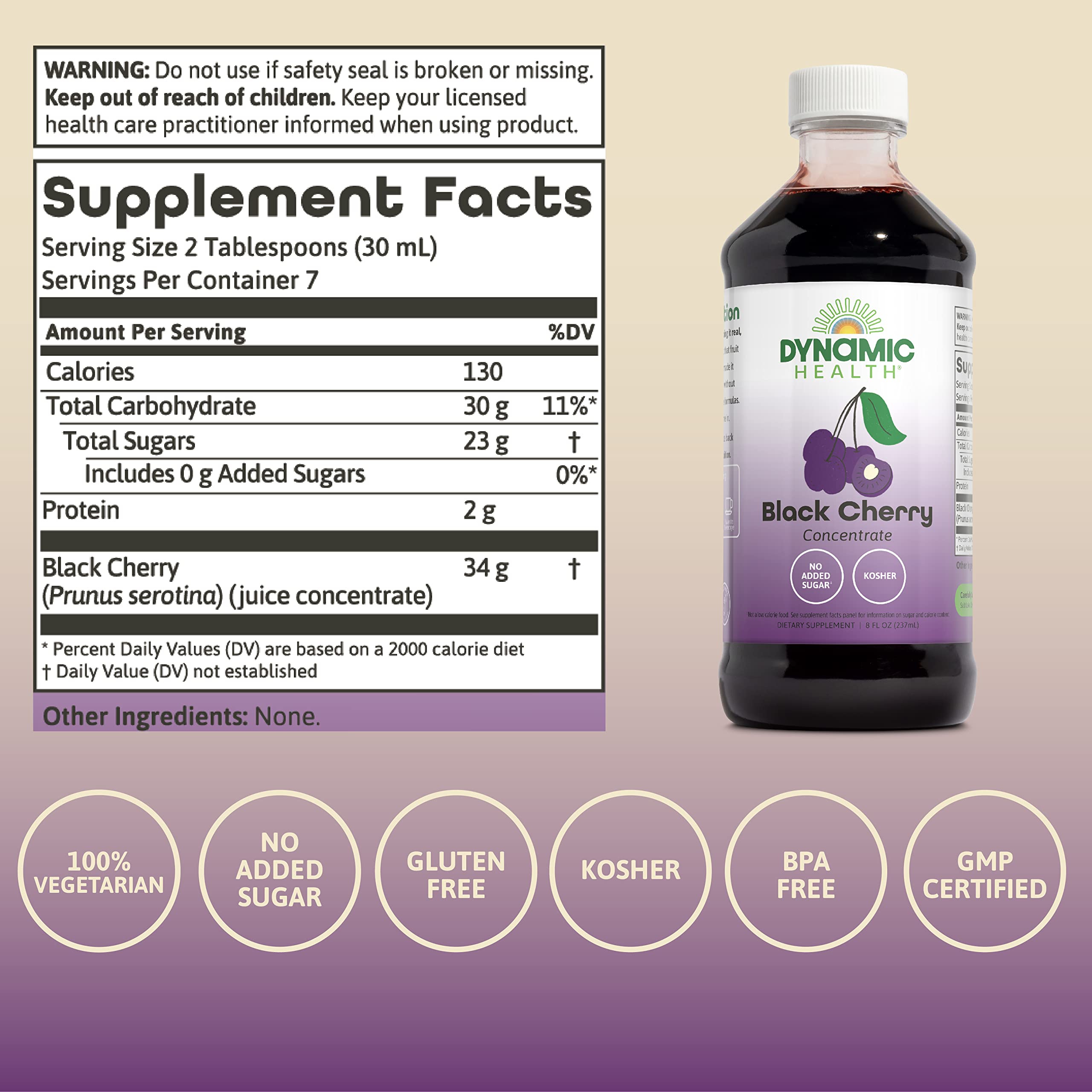 Dynamic Health Pure Black Cherry Juice Concentrate bottle side, great for nutrient-rich yogurt toppings.