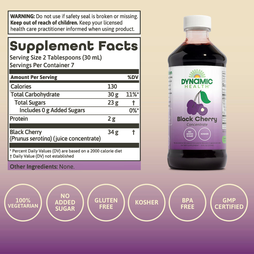 Dynamic Health Pure Black Cherry Juice Concentrate bottle side, great for nutrient-rich yogurt toppings.