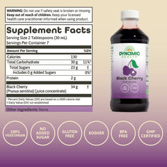 Dynamic Health Pure Black Cherry Juice Concentrate bottle side, great for nutrient-rich yogurt toppings.