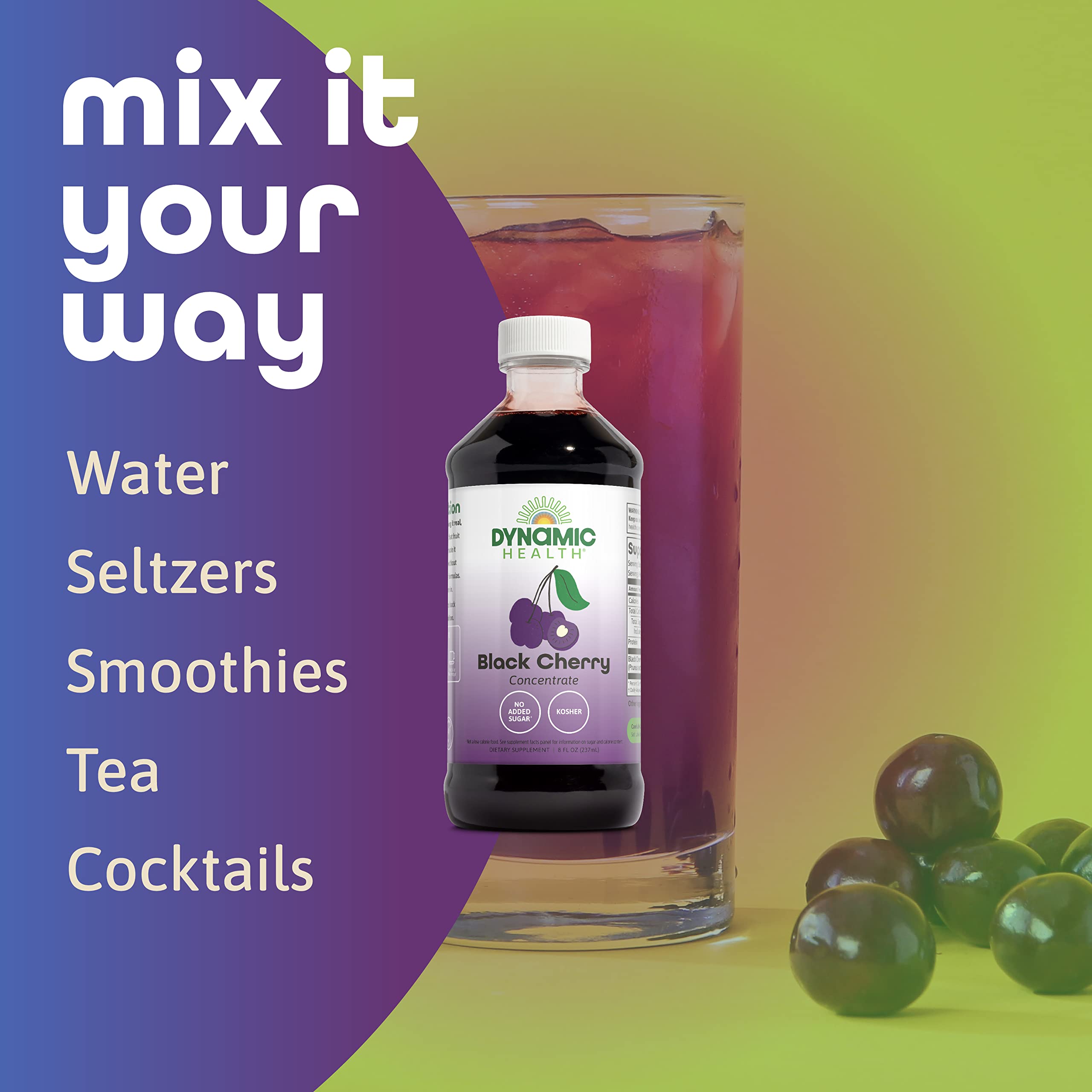 Dynamic Health Pure Black Cherry Juice Concentrate glass serving, convenient 100% juice concentrate for recipes.