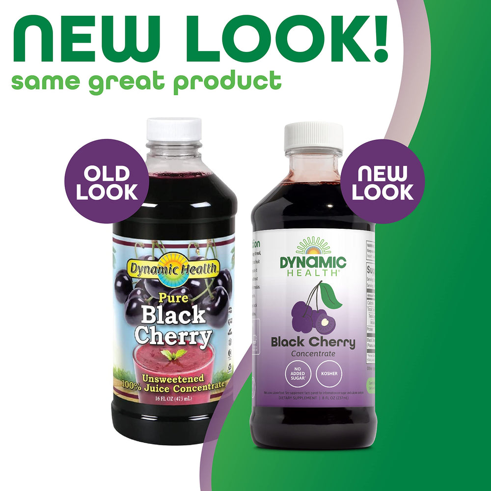 Dynamic Health Pure Black Cherry Juice Concentrate ingredients, showing unsweetened, additive-free composition.