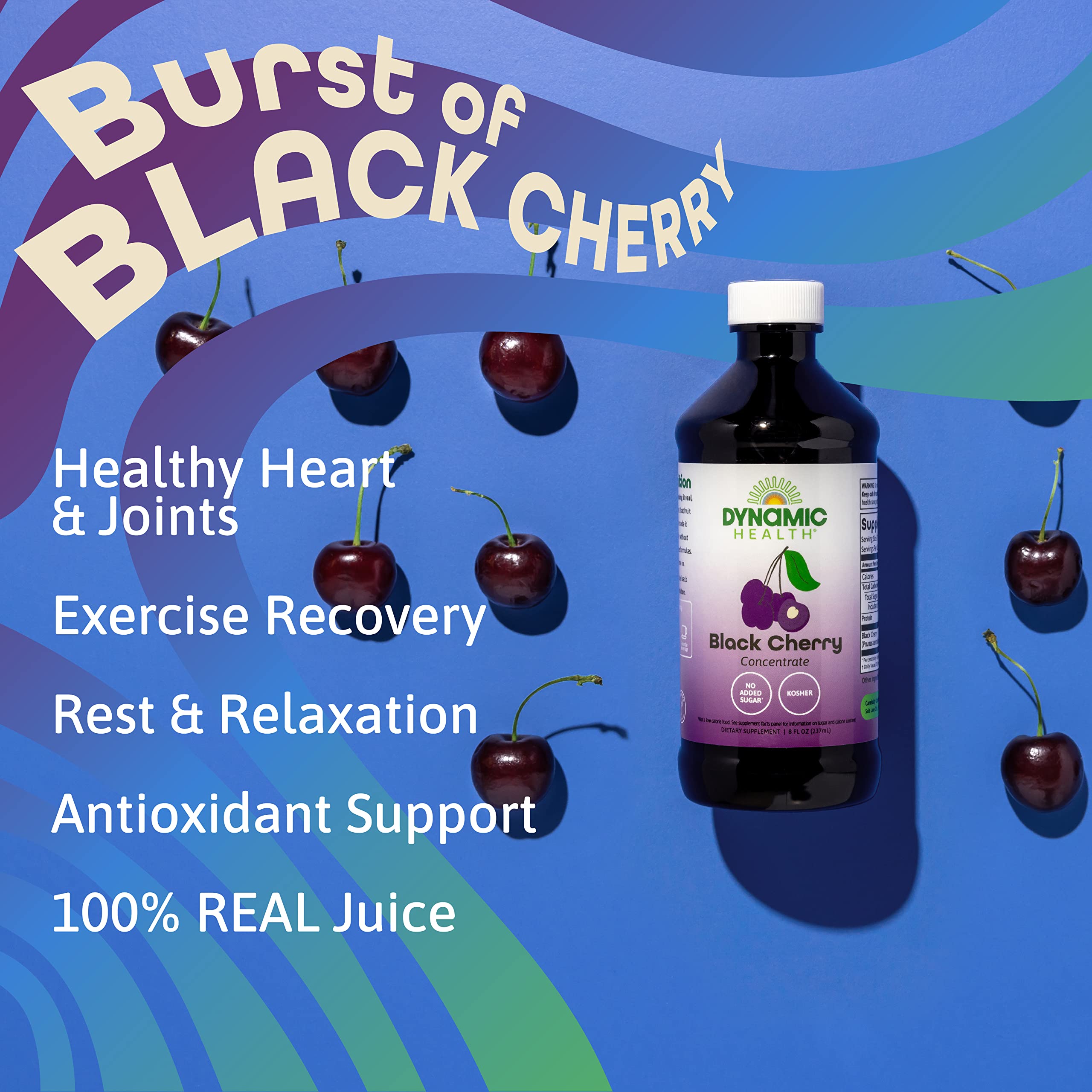 Dynamic Health Pure Black Cherry Juice Concentrate pour, easy to mix into beverages and fruit cocktails.