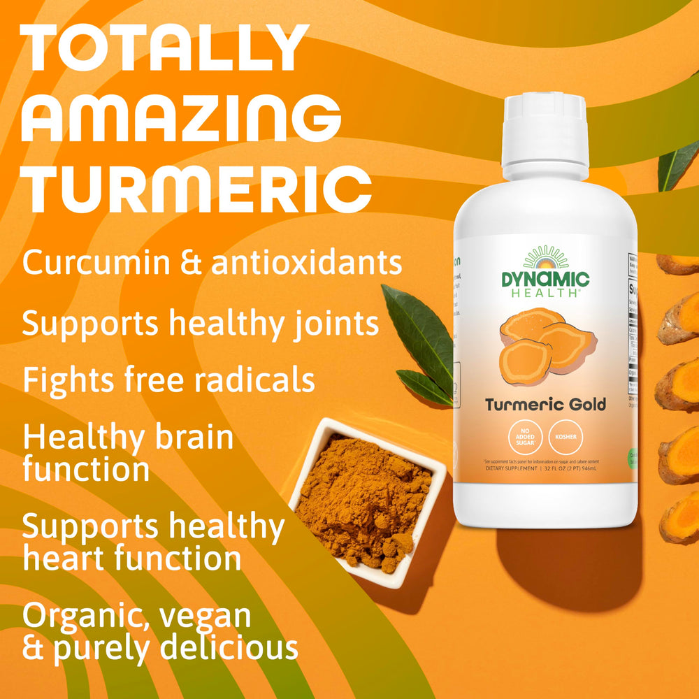 Dynamic Health Turmeric Gold glass serving reveals rich, antioxidant-friendly golden color