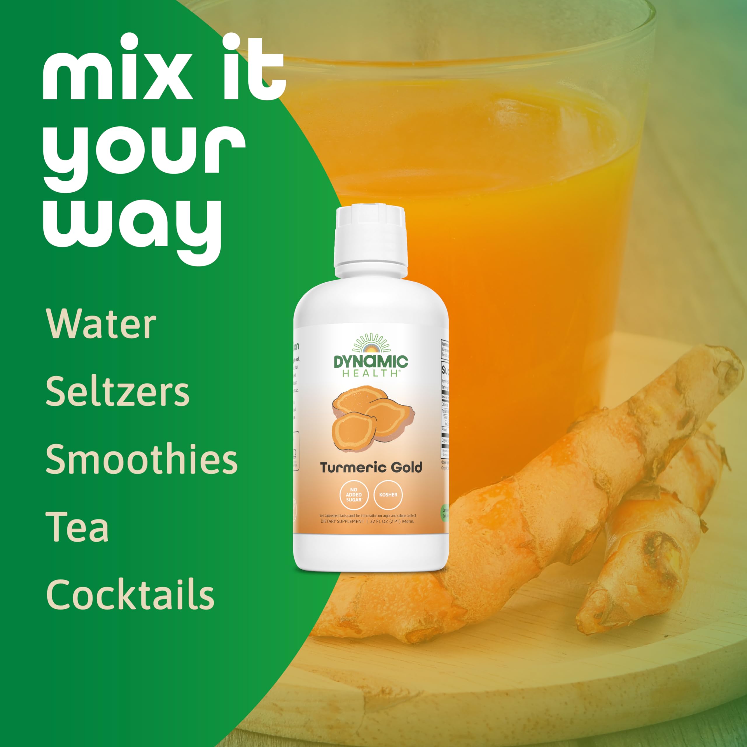 Dynamic Health Turmeric Gold ingredients panel notes wild-harvested root and nine grams turmeric
