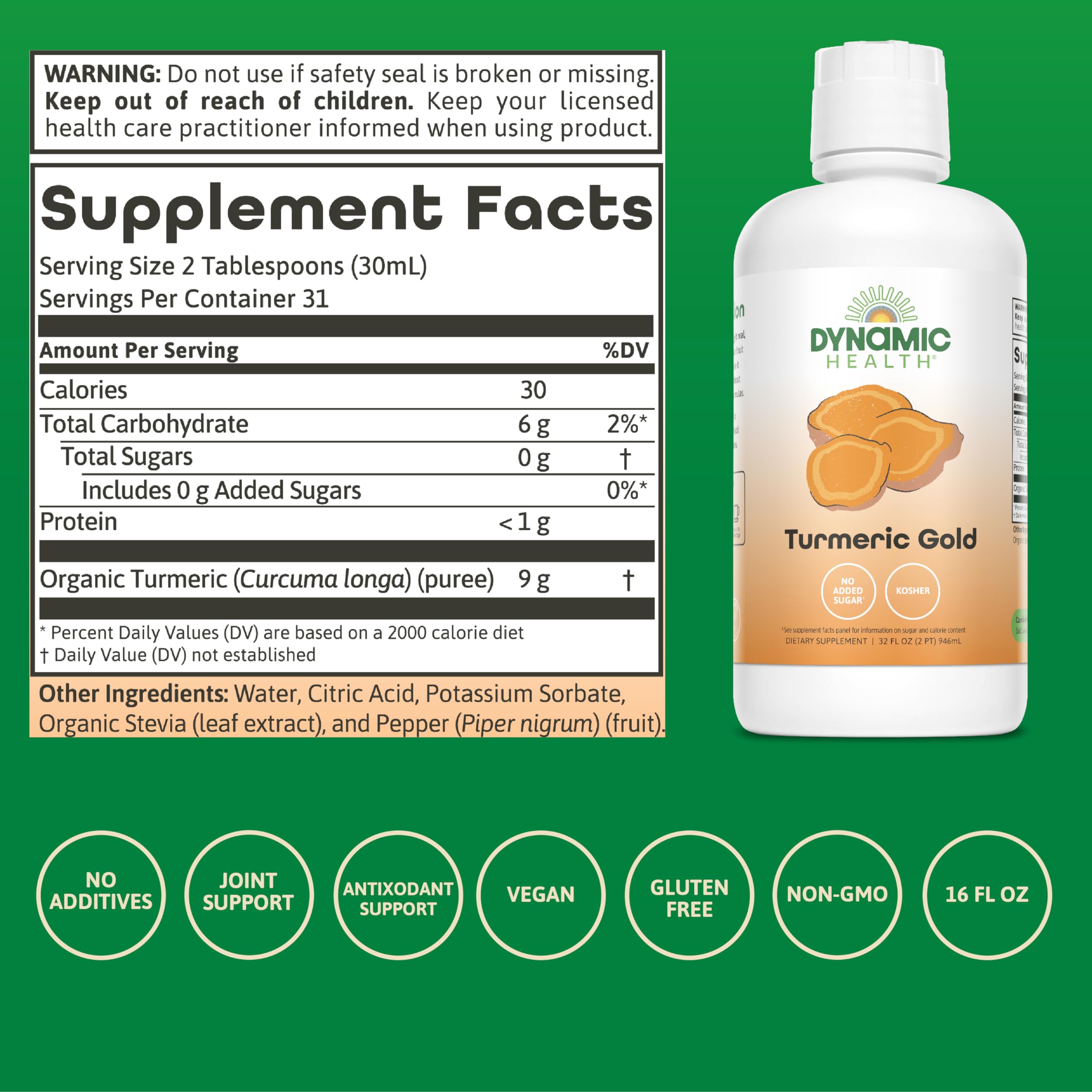 Dynamic Health Turmeric Gold label close-up emphasizes organic, no additives