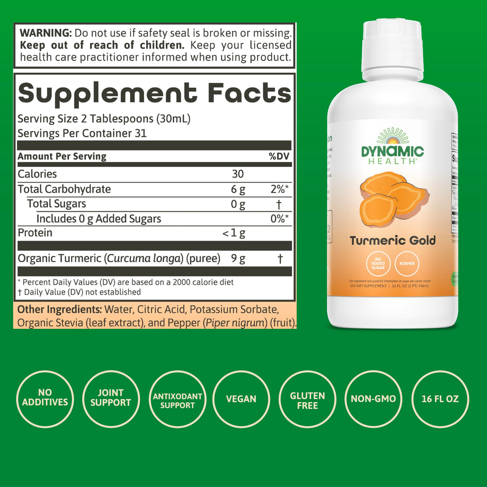 Dynamic Health Turmeric Gold label close-up emphasizes organic, no additives