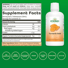 Dynamic Health Turmeric Gold label close-up emphasizes organic, no additives