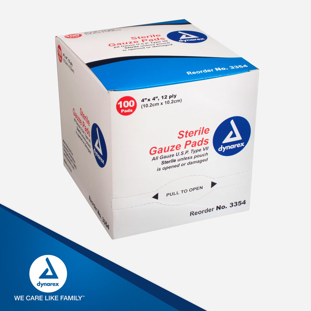 Dynarex 100-count sterile gauze pads box aids supply management.
