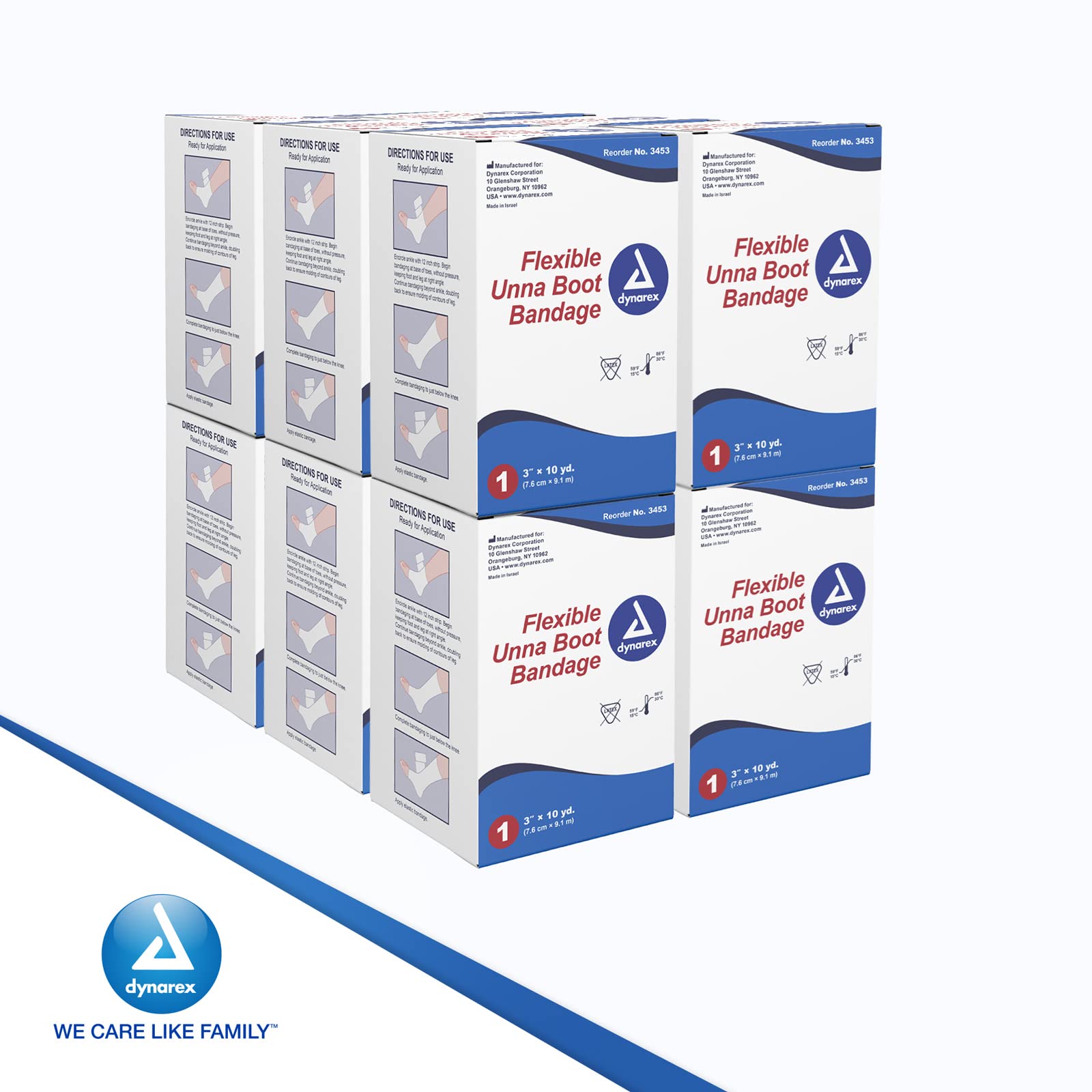 Dynarex 3453 Unna Boot packaging highlights 12 individually wrapped bandages