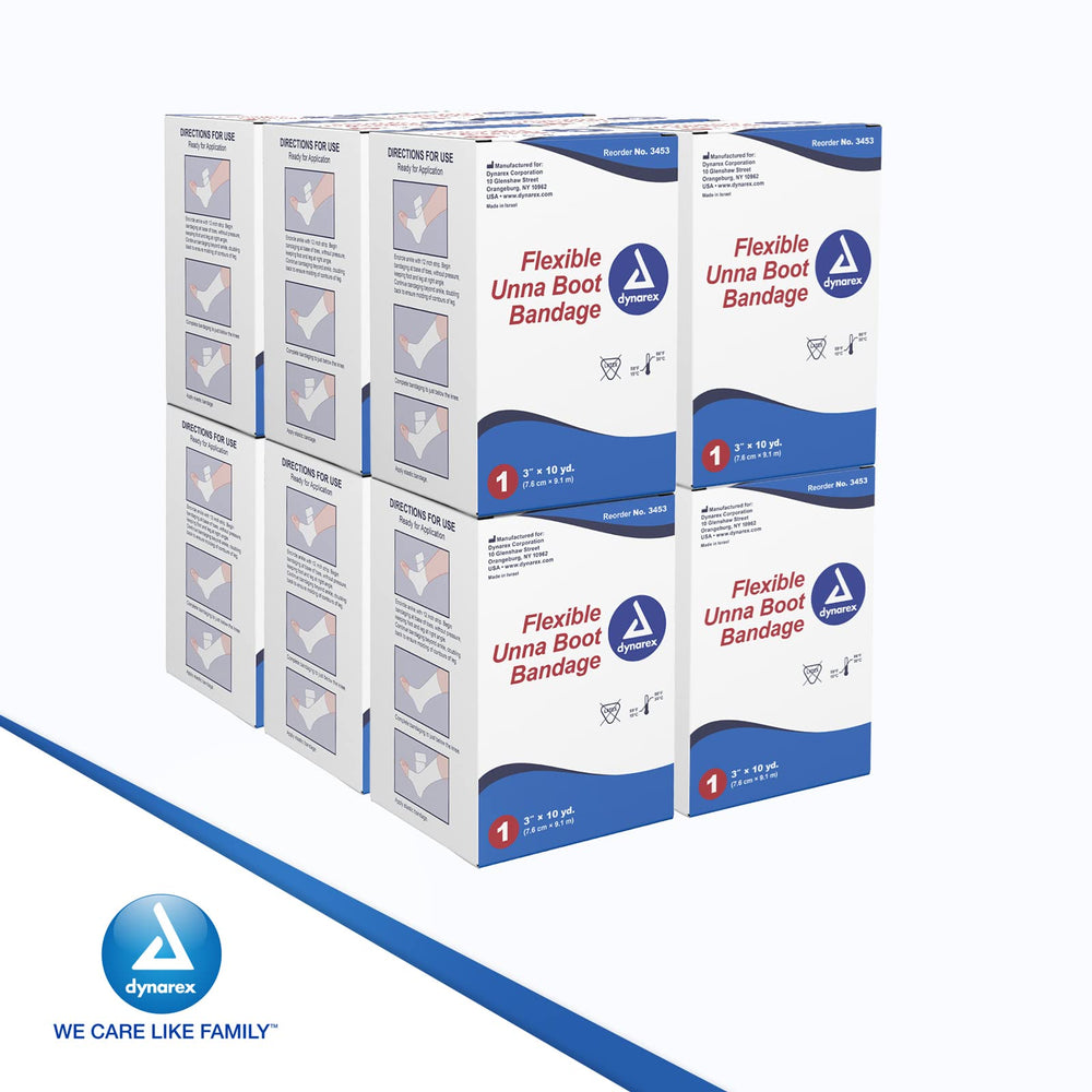 Dynarex 3453 Unna Boot packaging highlights 12 individually wrapped bandages