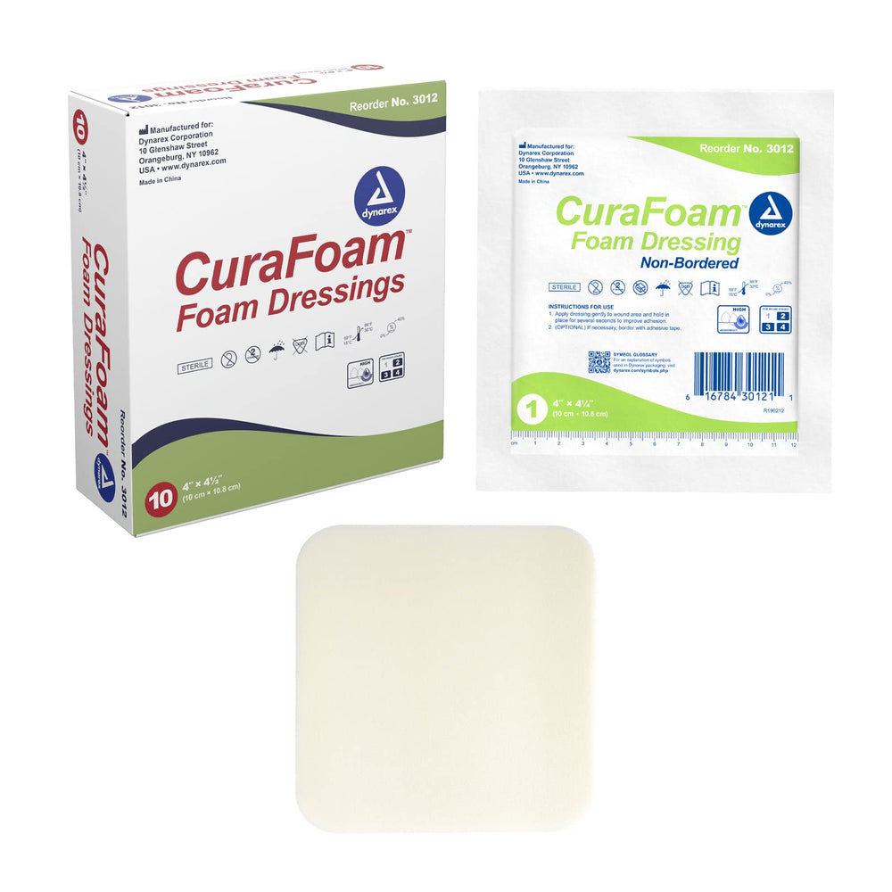 Dynarex CuraFoam 2x2 pack offers cushioned, moisture-friendly wound protection.