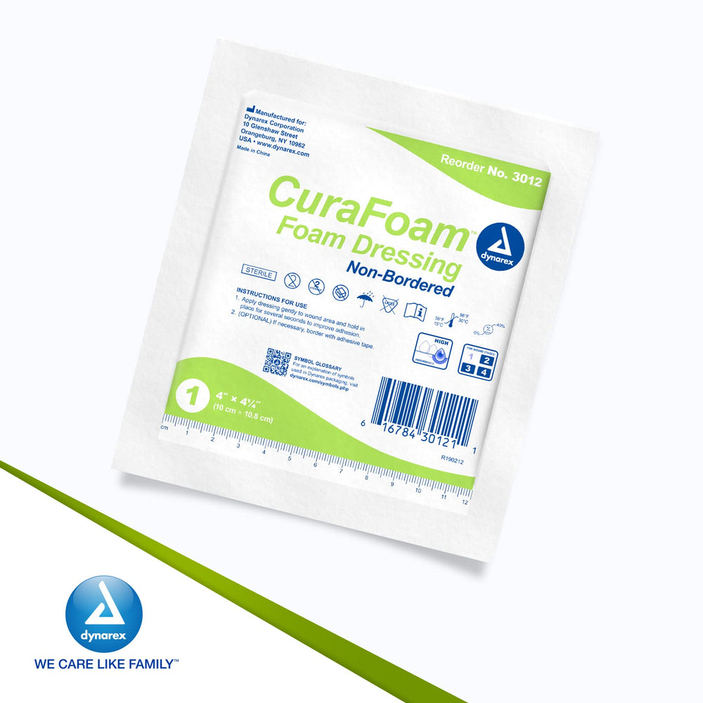 Dynarex CuraFoam hydrocolloid film layer adds protective moisture barrier.