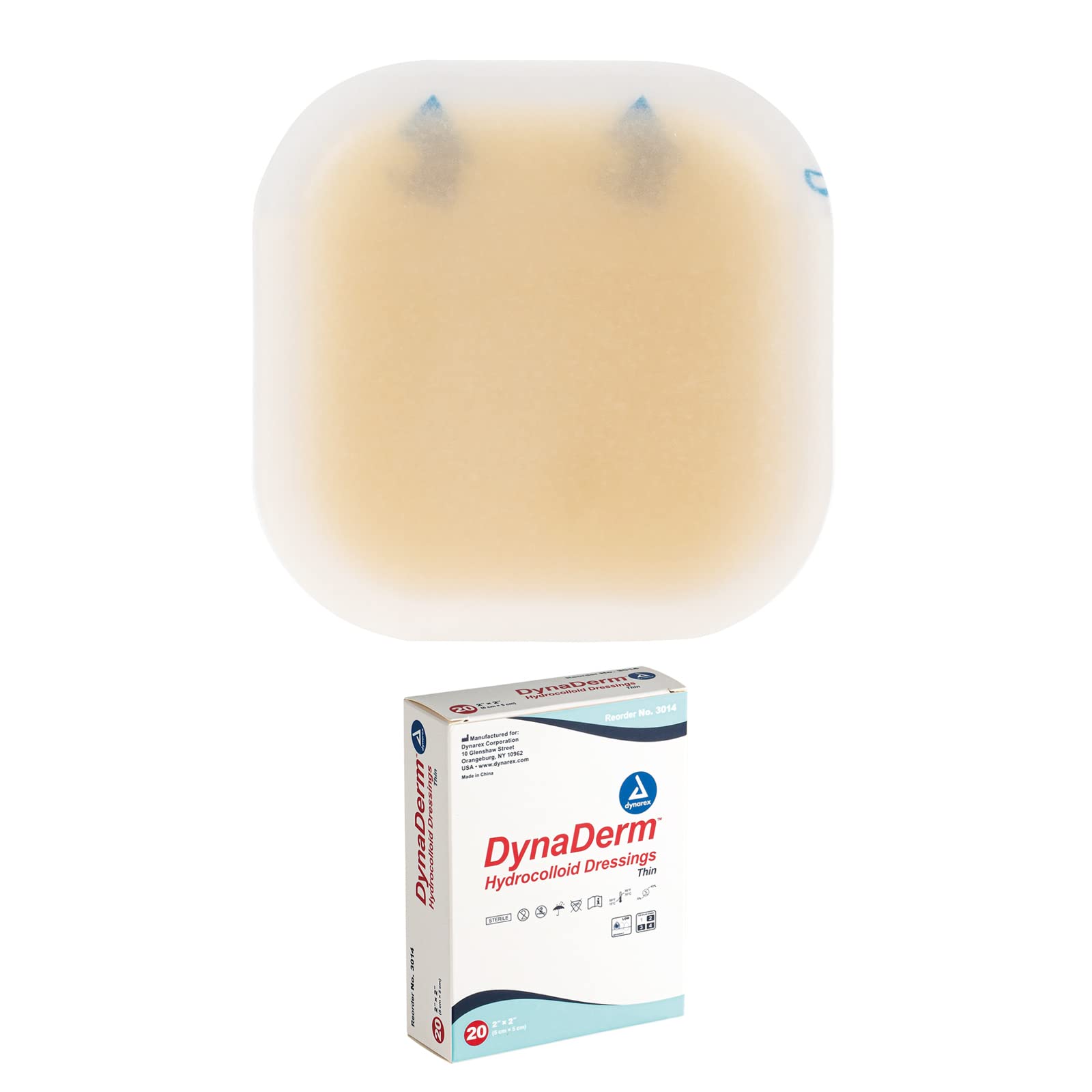 Dynarex DynaDerm hydrocolloid dressing applied to a wound for moist protection.