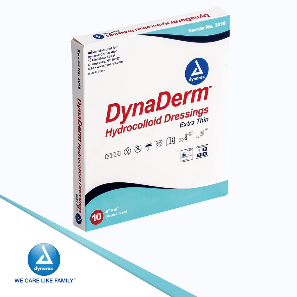 Dynarex Dynaderm hydrocolloid dressings in use on the body