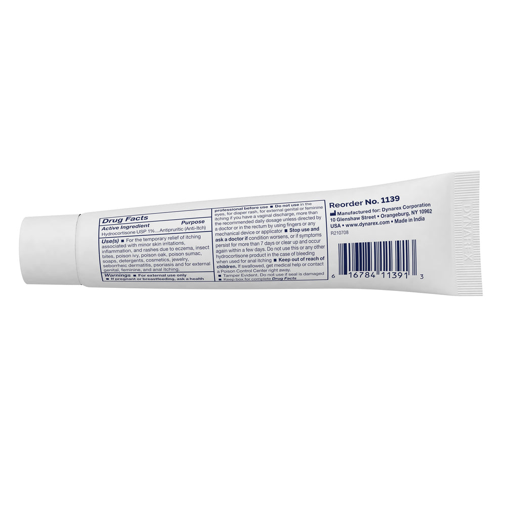 Dynarex Hydrocortisone Cream 1oz tube, packaging side view, travel-ready.