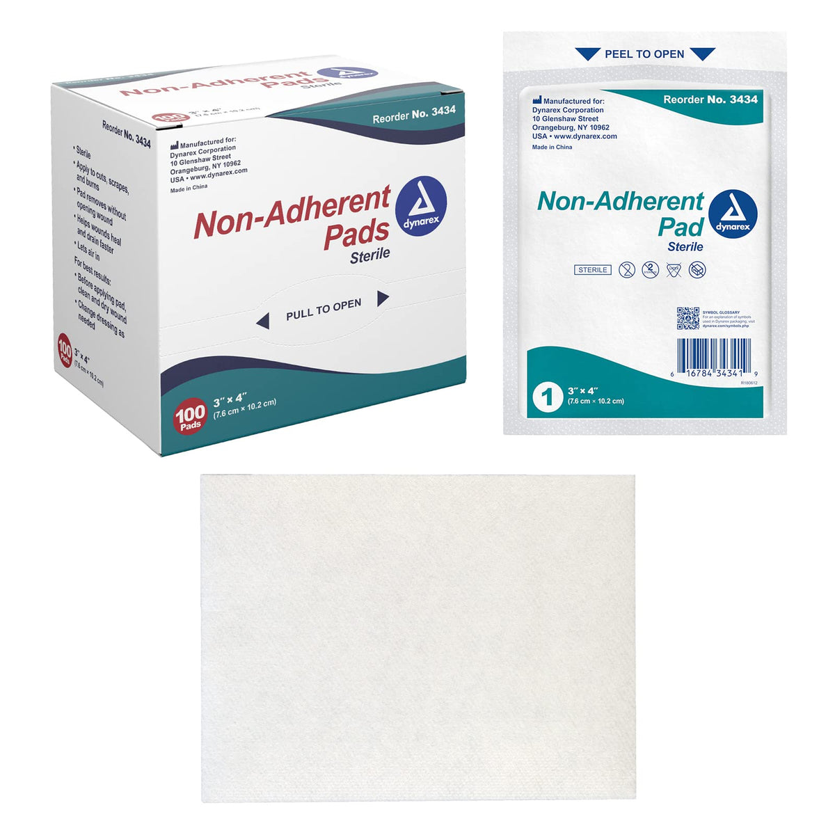 Dynarex non-adherent pad packaging shows sterile, ready-to-use dressings for clean application