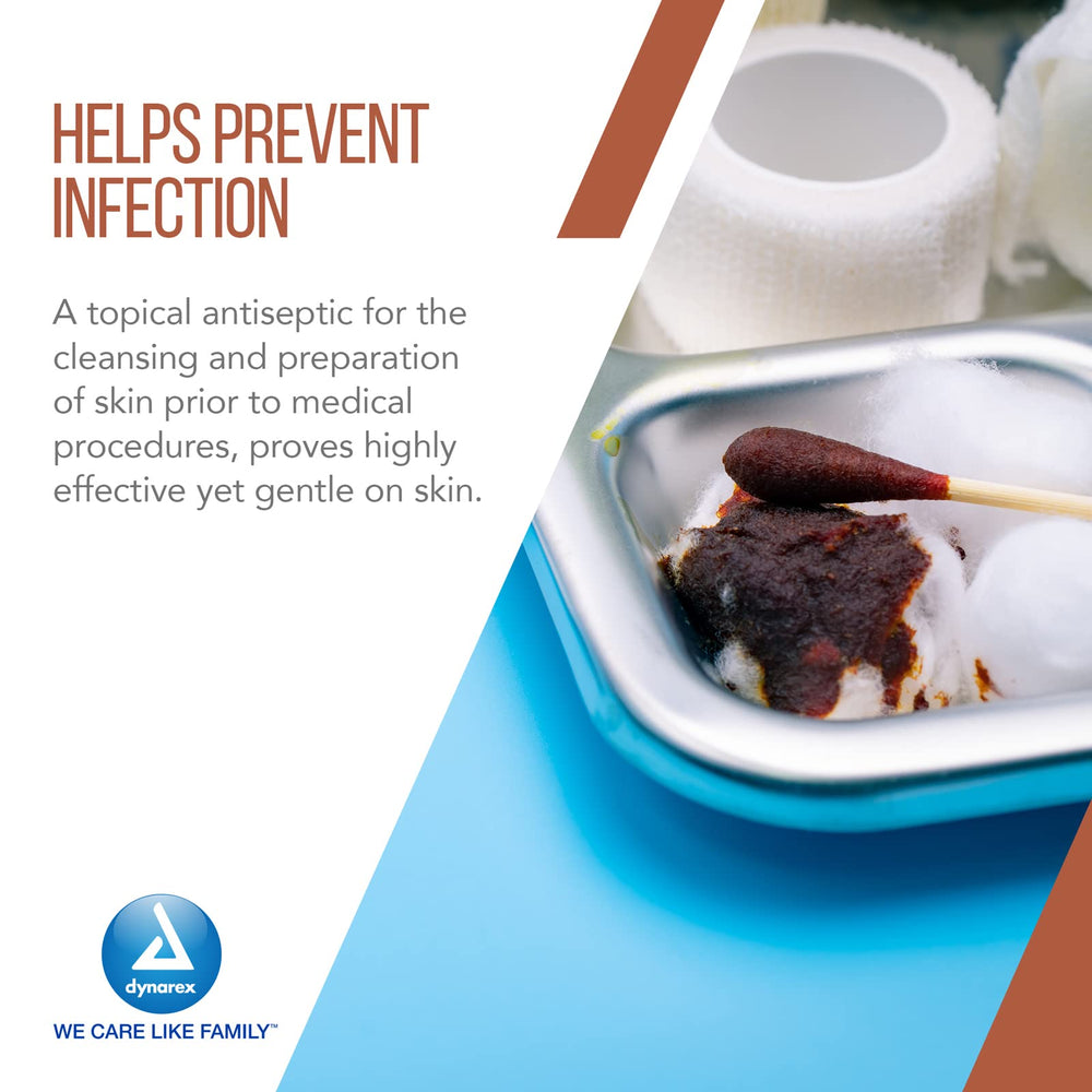 Dynarex Povidona-Yodo, libre de látex natural y sin alcohol.