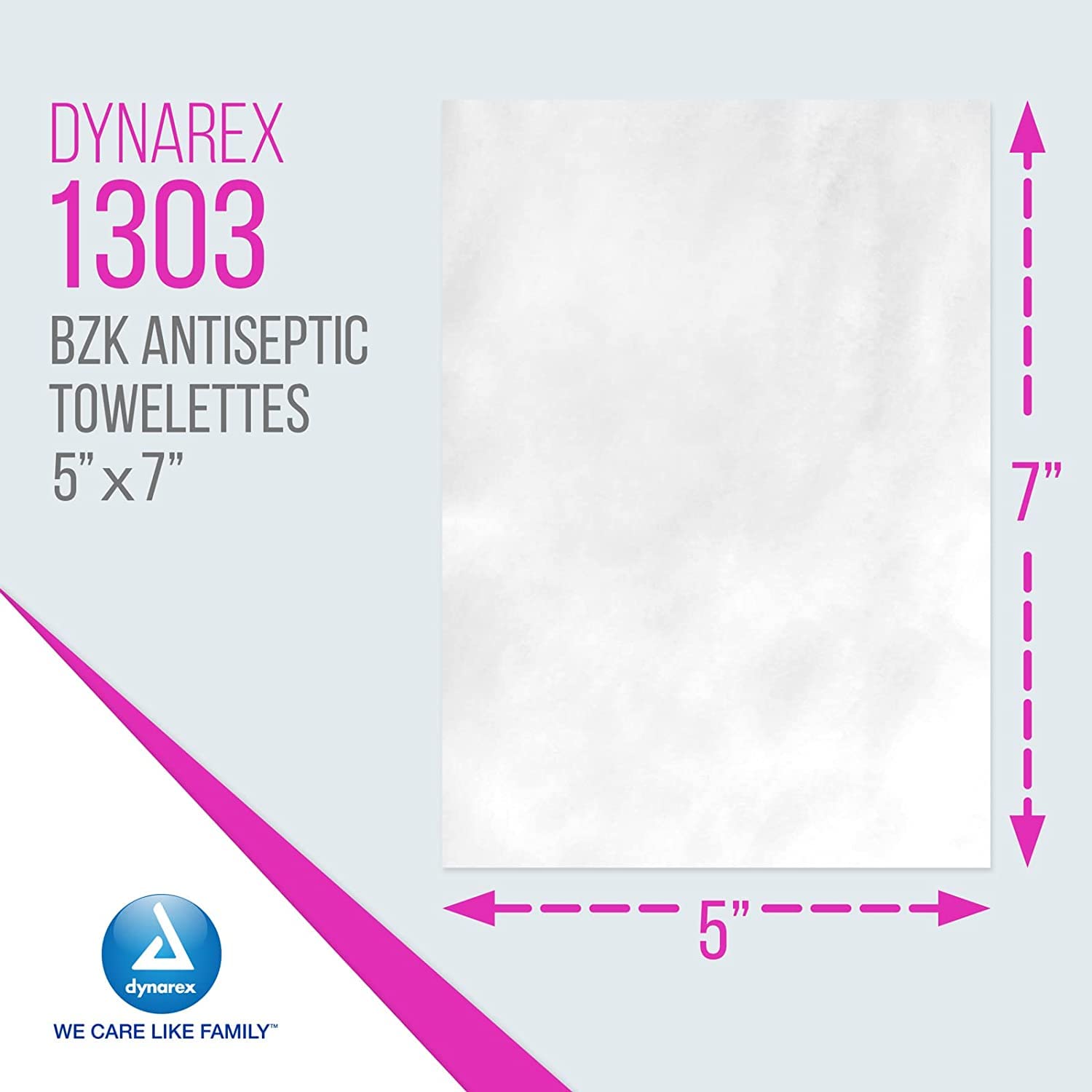 Dynarex BZK, toallitas antisepticas de tamaño 5x7 para cubrir áreas amplias.