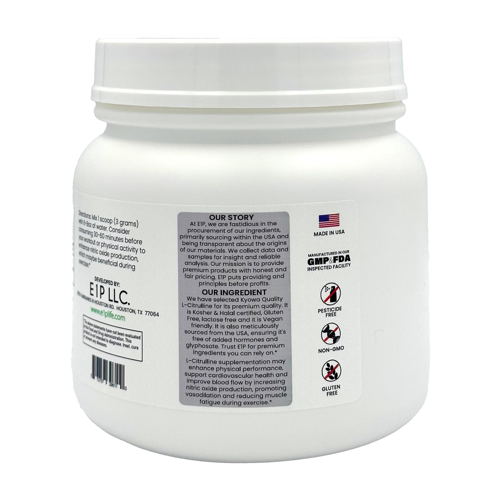 E1P L-Citrulline 600g fermentation process visual, highlights purity and vegan production.