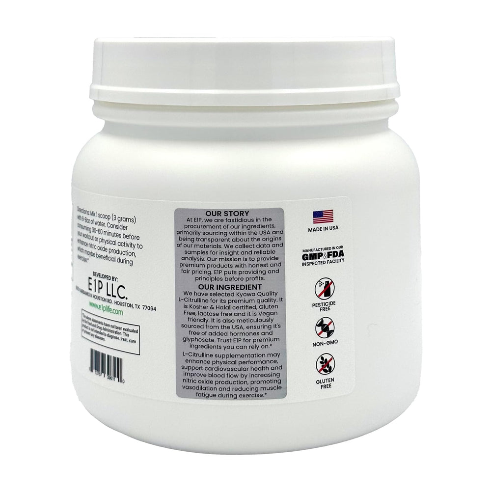 E1P L-Citrulline 600g fermentation process visual, highlights purity and vegan production.