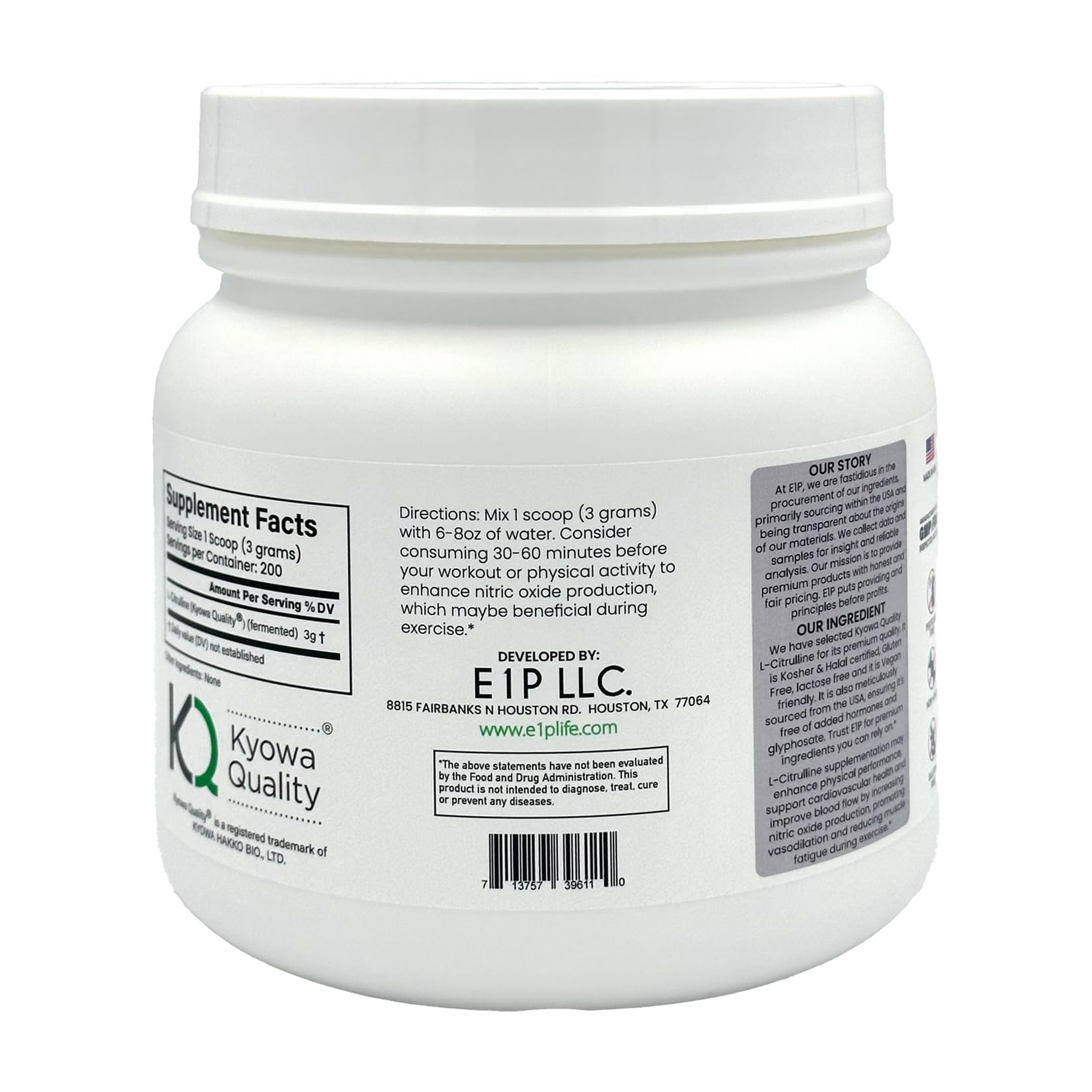 E1P L-Citrulline 600g unflavored powder, dissolves easily in water.