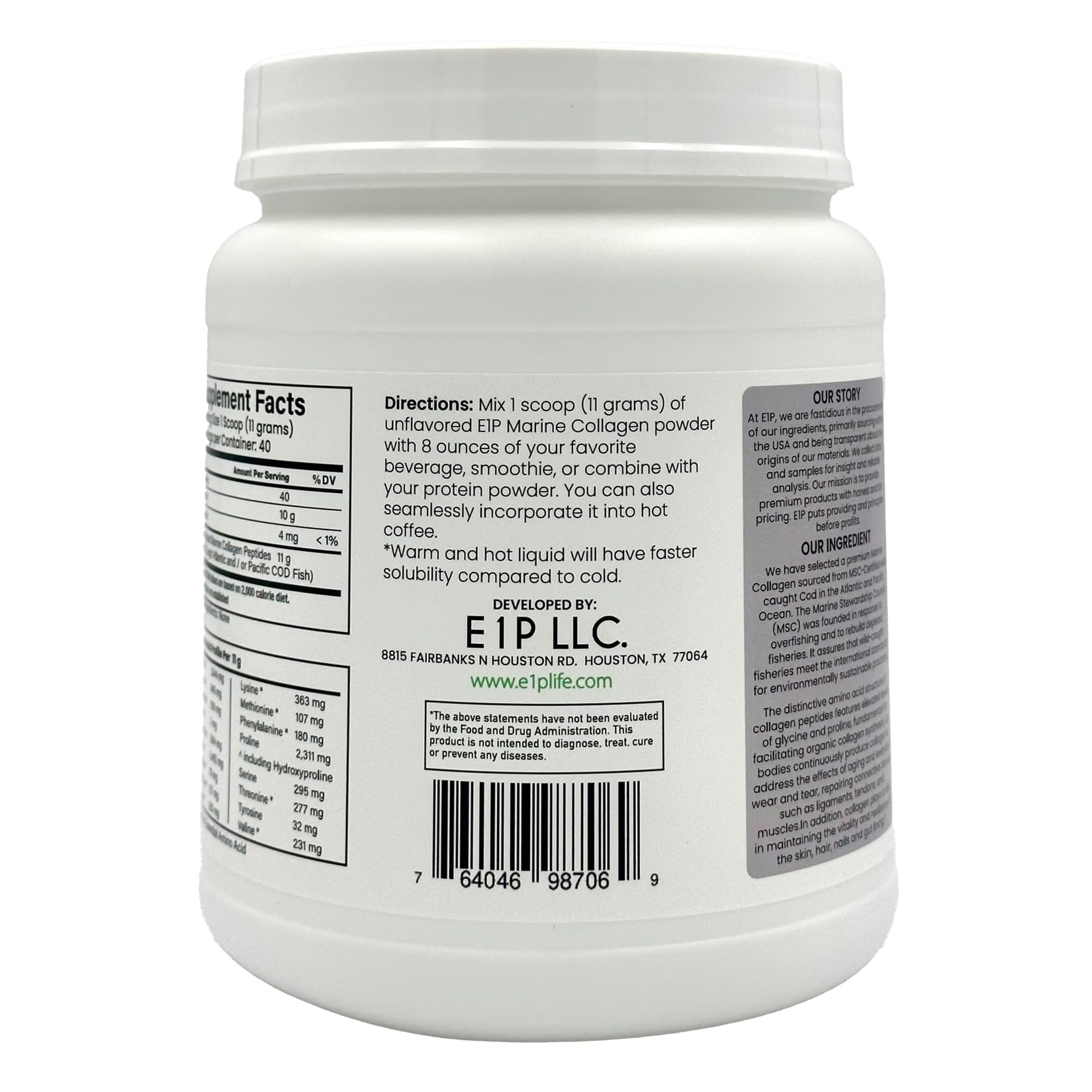 E1P unflavored collagen powder blends smoothly into smoothies or coffee.