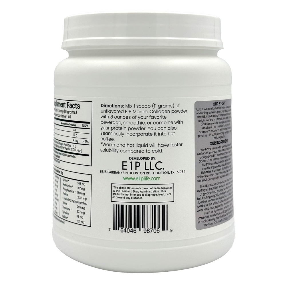 E1P unflavored collagen powder blends smoothly into smoothies or coffee.