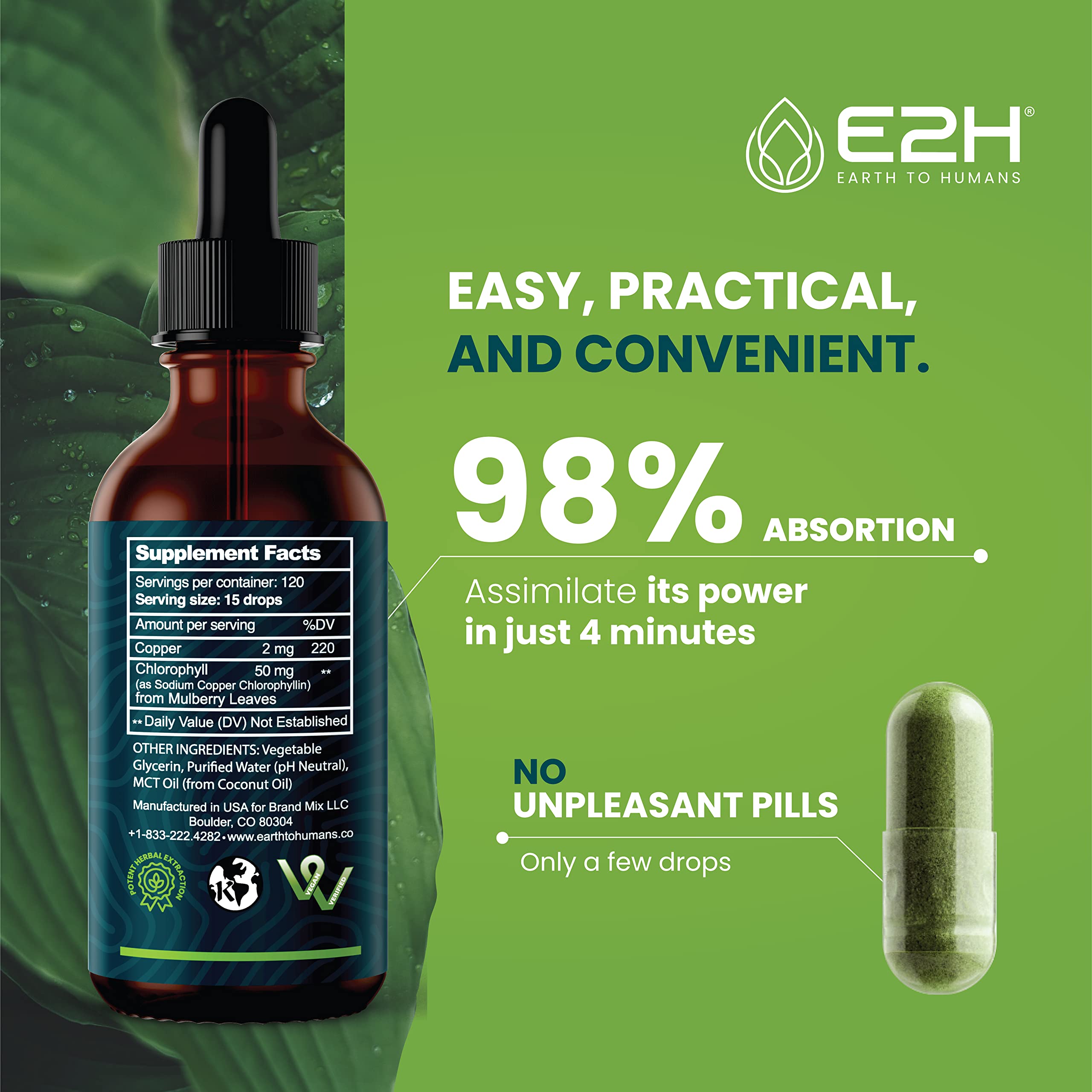E2H Liquid Drops in a glass with vibrant green color