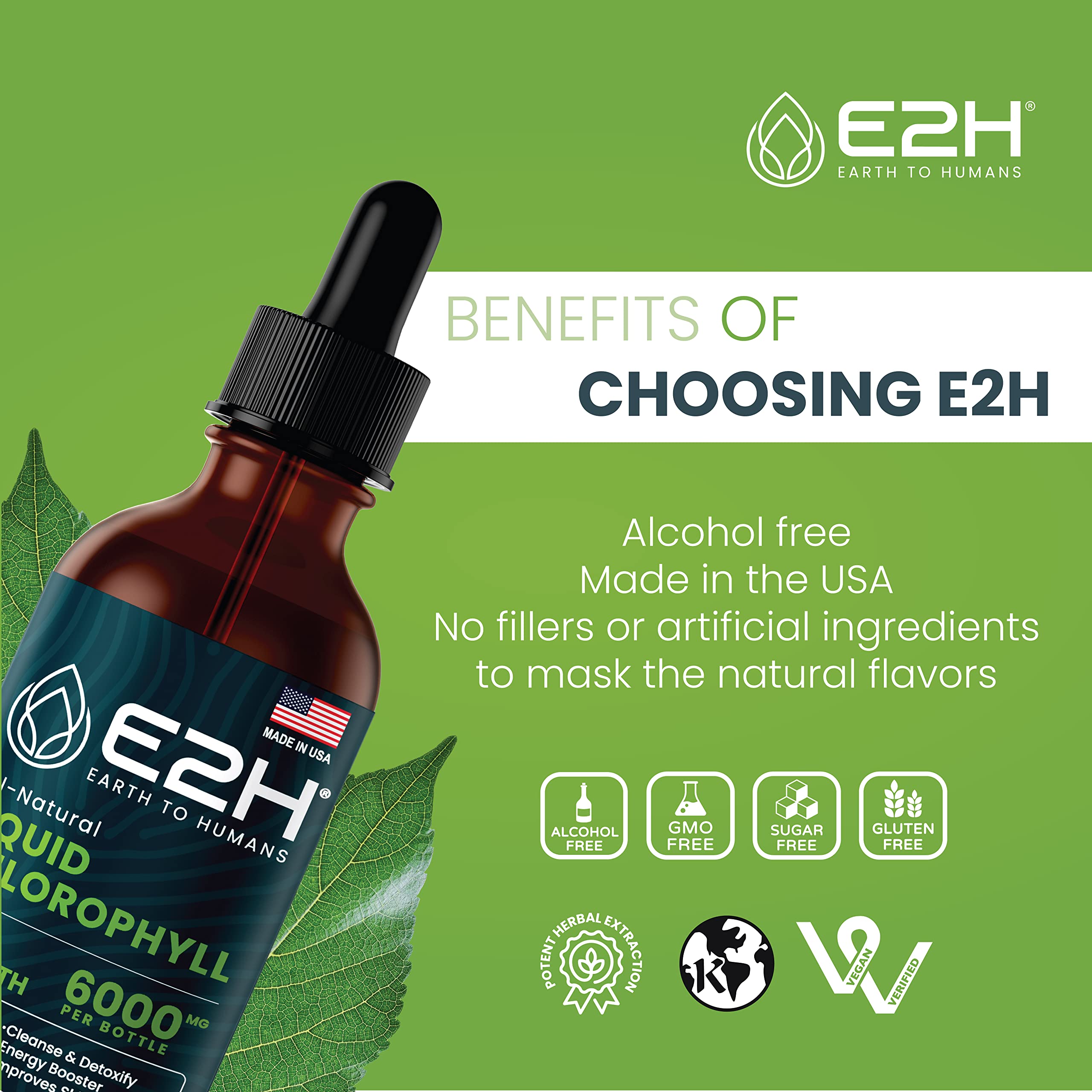 E2H chlorophyll in juice splash emphasizing odor-neutralizing concept