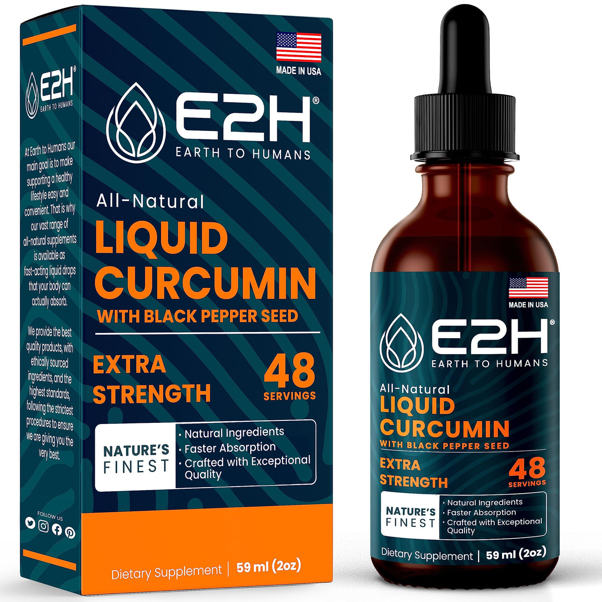 E2H Liquid Turmeric Curcumin bottle label highlights premium absorption benefits