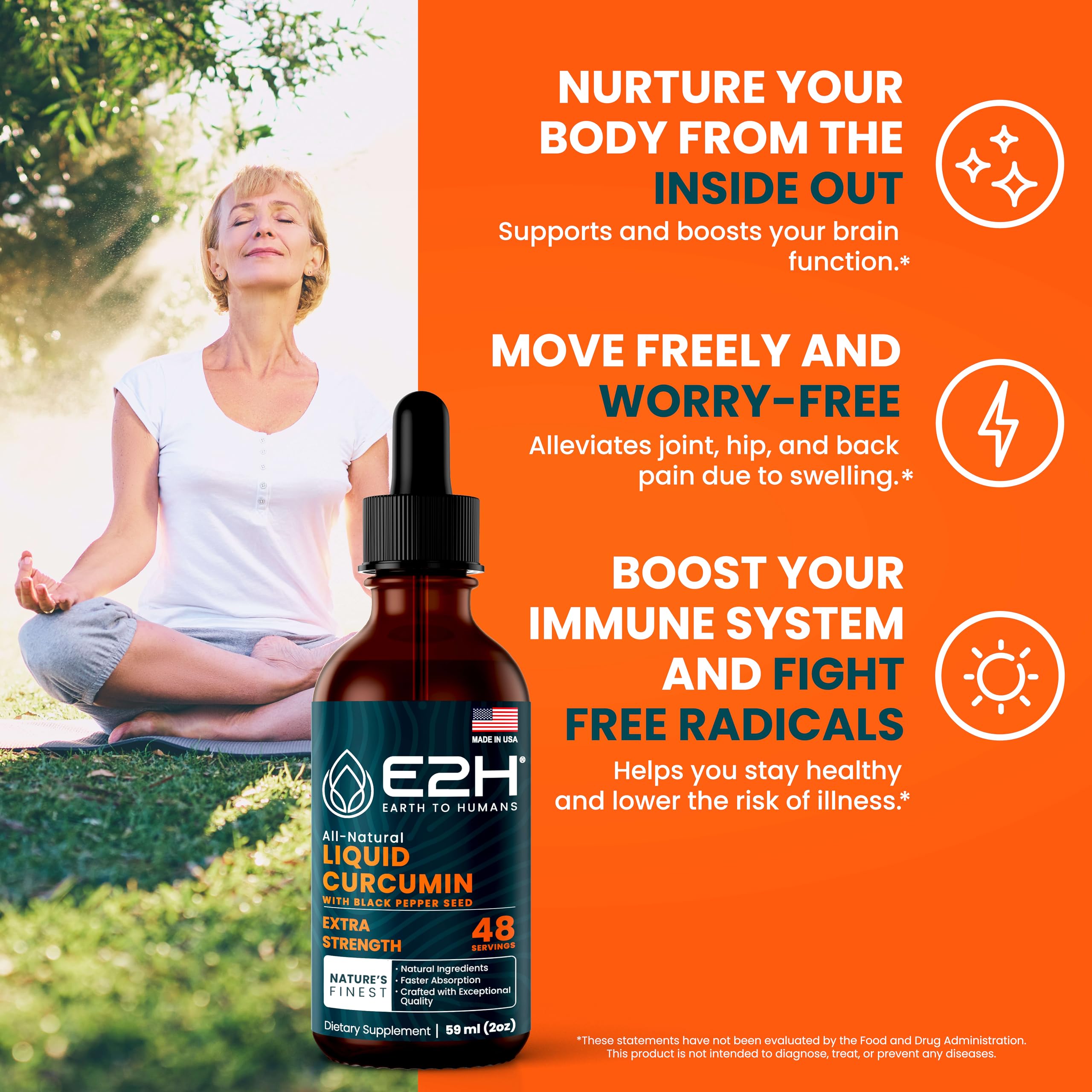 E2H drops dispenser shows easy daily intake with turmeric curcumin