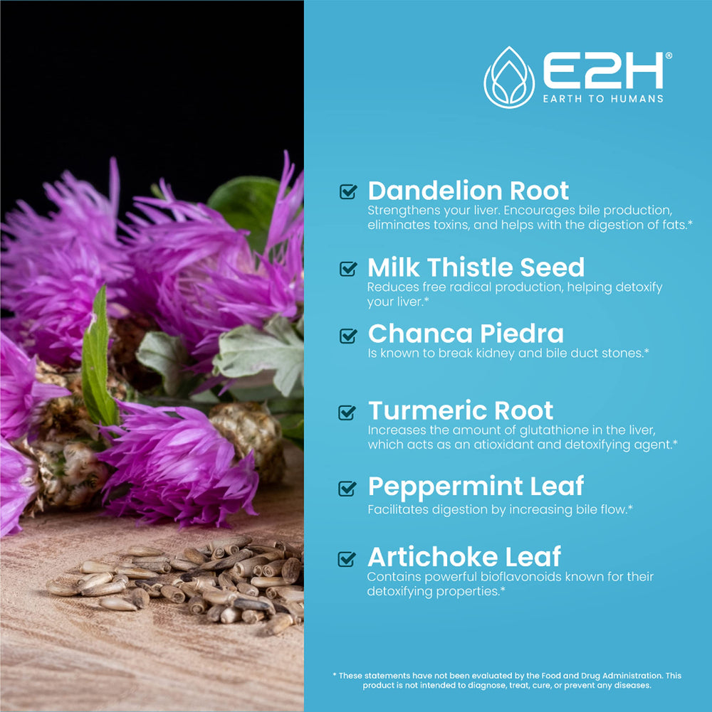 E2H liver support bottle with dandelion root visible for digestivelike benefits